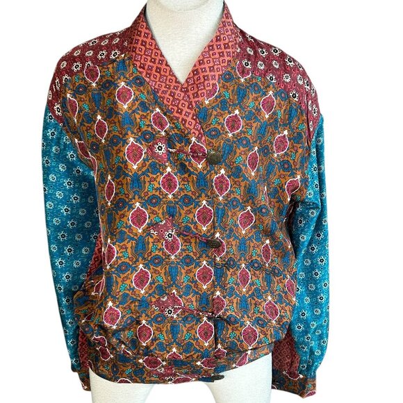 Carole Little Vintage 90s Patchwork 100% Silk Bomber Jacket Size 6 - Picture 1 of 9